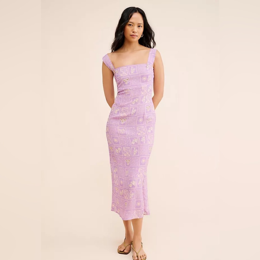 Anthropologie Summer Away Purple Tropical Summer Aurora Fitted Midi Tank Dress S